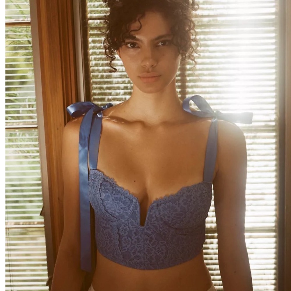 Out From Under Yvonne Lace Bow Bustier Periwinkle Blue Corset Top Medium